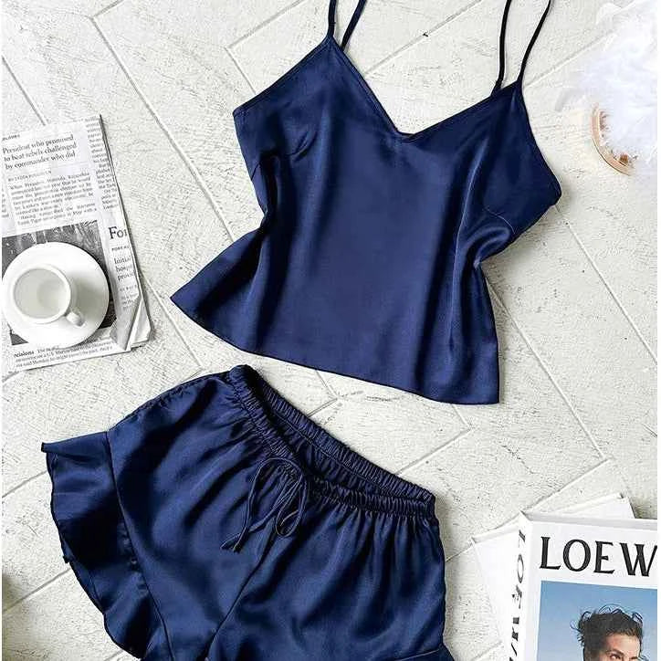 Satin Chemise Shorts Pajama Set - SHOPPERS' CASTLE