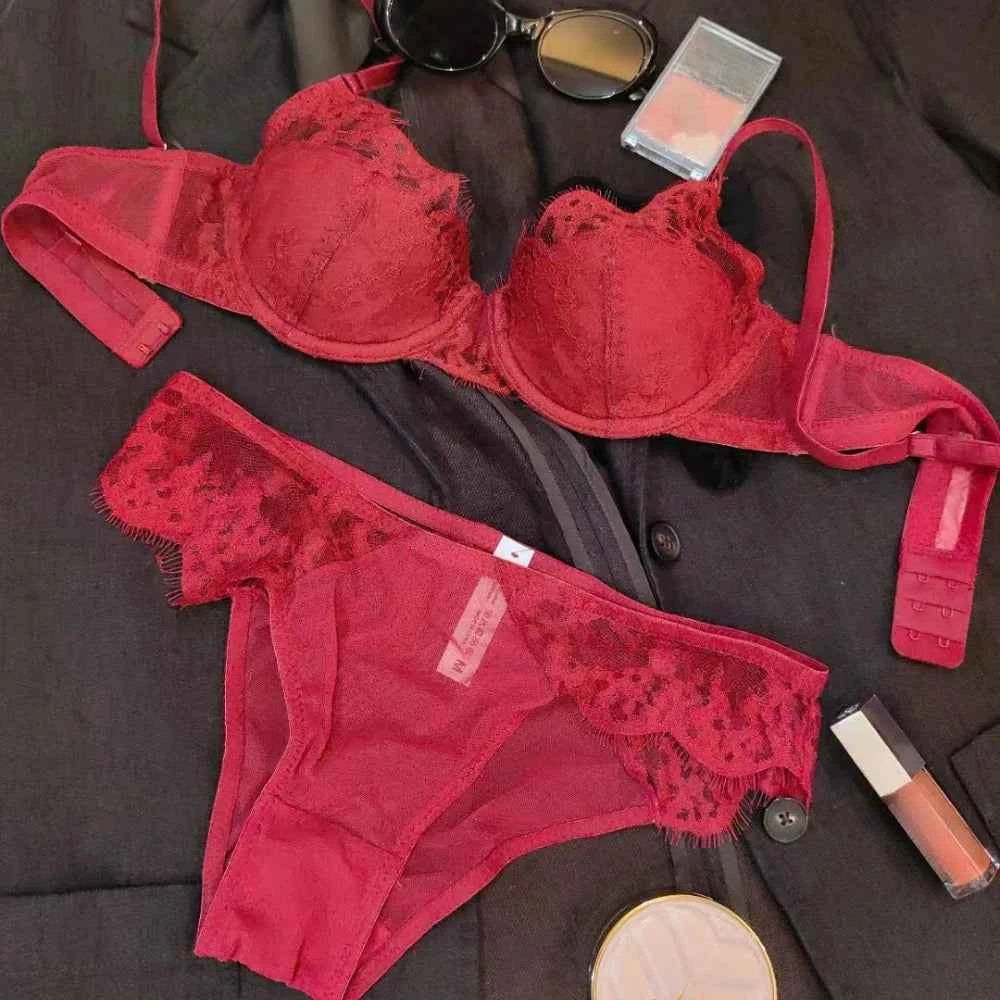 Delicate French Lace Bra Set - Breathable Half-Cup Design