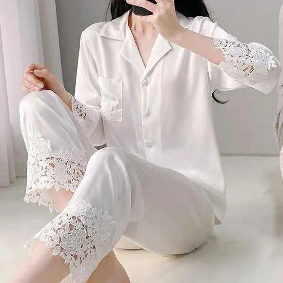 Lace Trim Satin Pajama Set - SHOPPERS' CASTLE