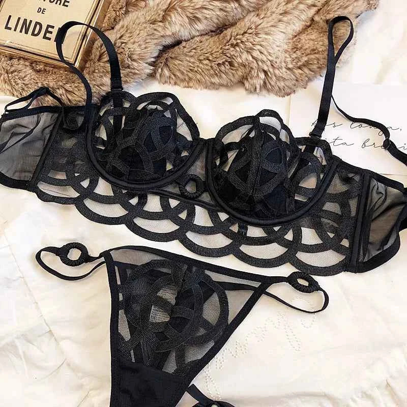French Ultra-Thin Lace Bra Set with Thong