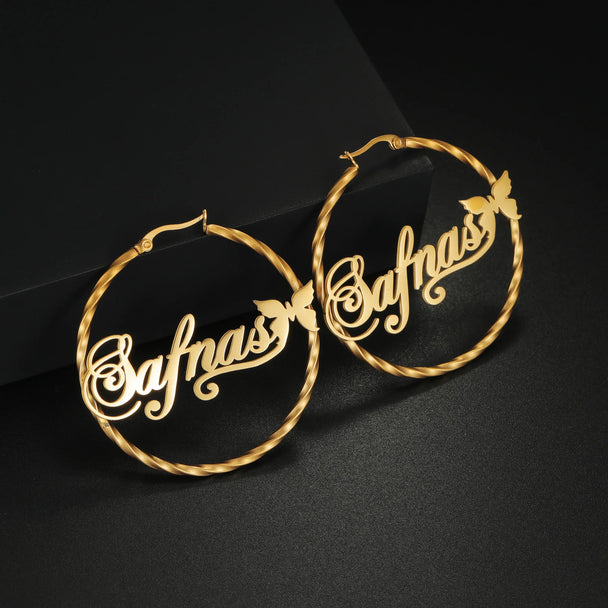 Custom Name Twisted Wire Hoop Earrings - Stainless Steel - SHOPPERS' CASTLE