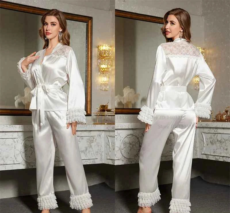 Striped Lace Trim Satin Pajama Set - SHOPPERS' CASTLE