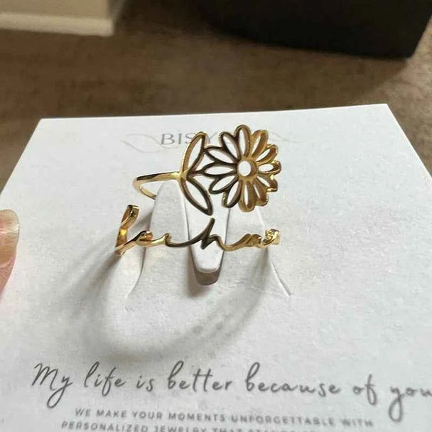 Custom Birth Flower Name Ring - Adjustable