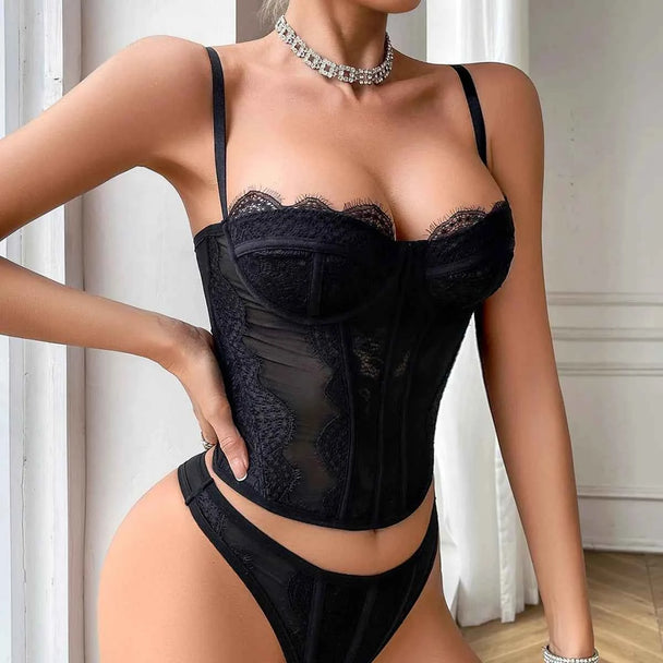 Mesh Ultra-Thin Sling Tops Bra & Thong Set with Shapewear