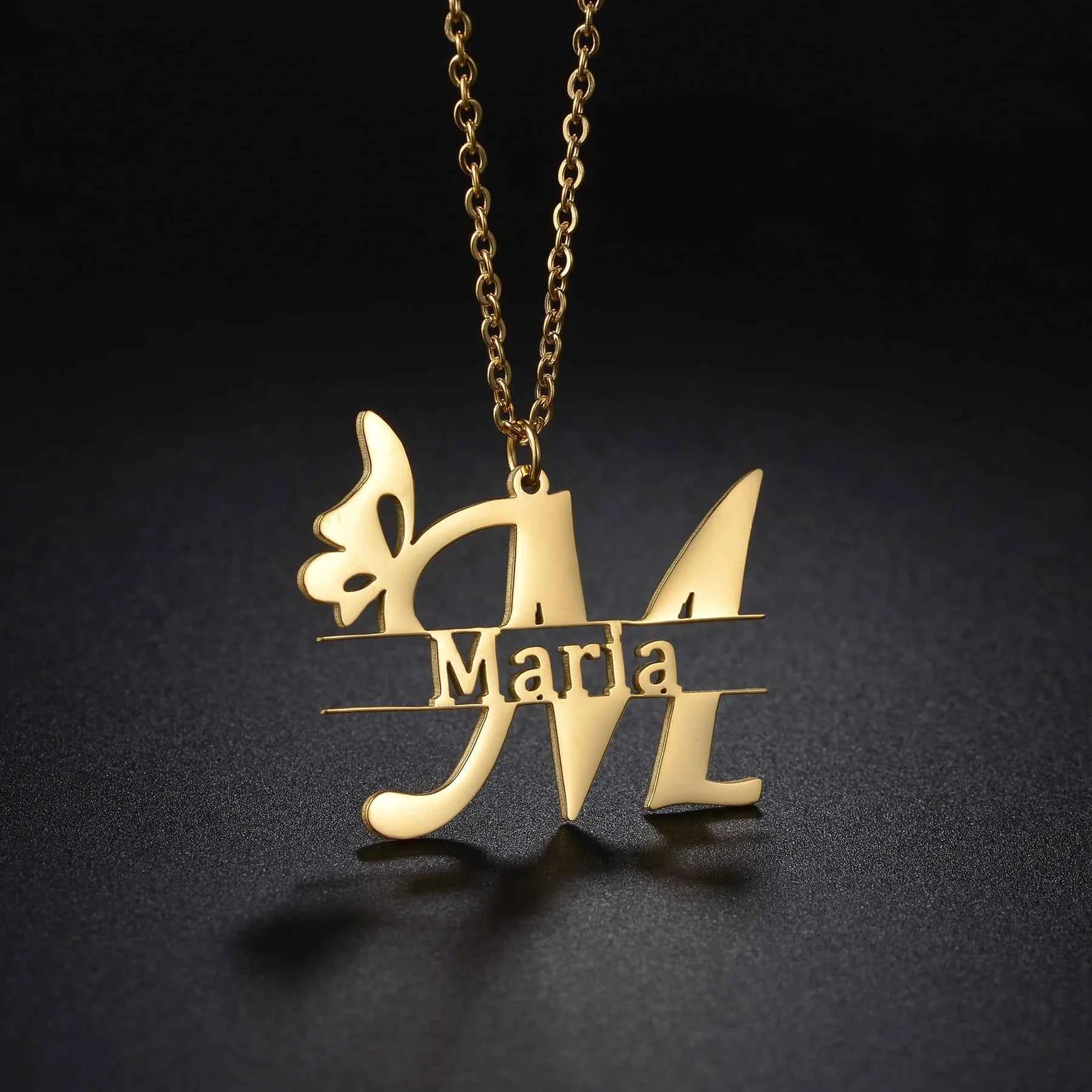 Personalized Big Letter Name Butterfly Pendant Choker - Link Chain