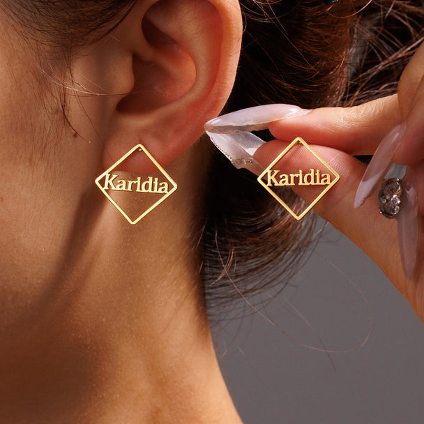 Custom Name Stud Earrings with Frosted Heart & Star - Stainless Steel - SHOPPERS' CASTLE