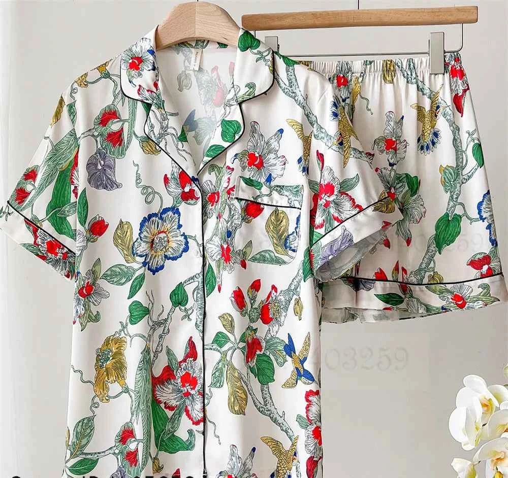 Floral Print Ice Silk Pajama Set - SHOPPERS' CASTLE
