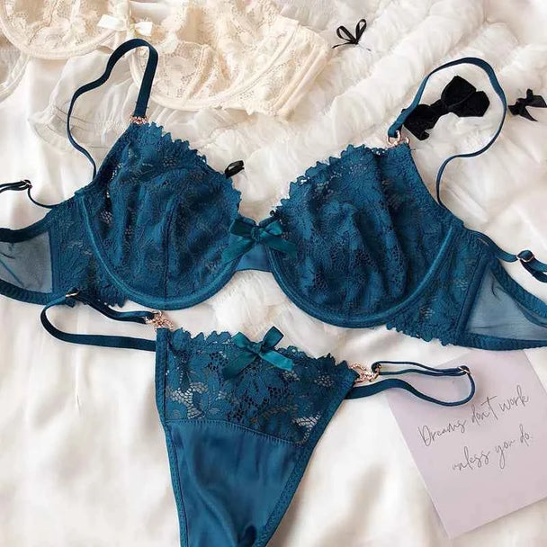 Luxury Rhinestone French Lace Bra & Thong Set