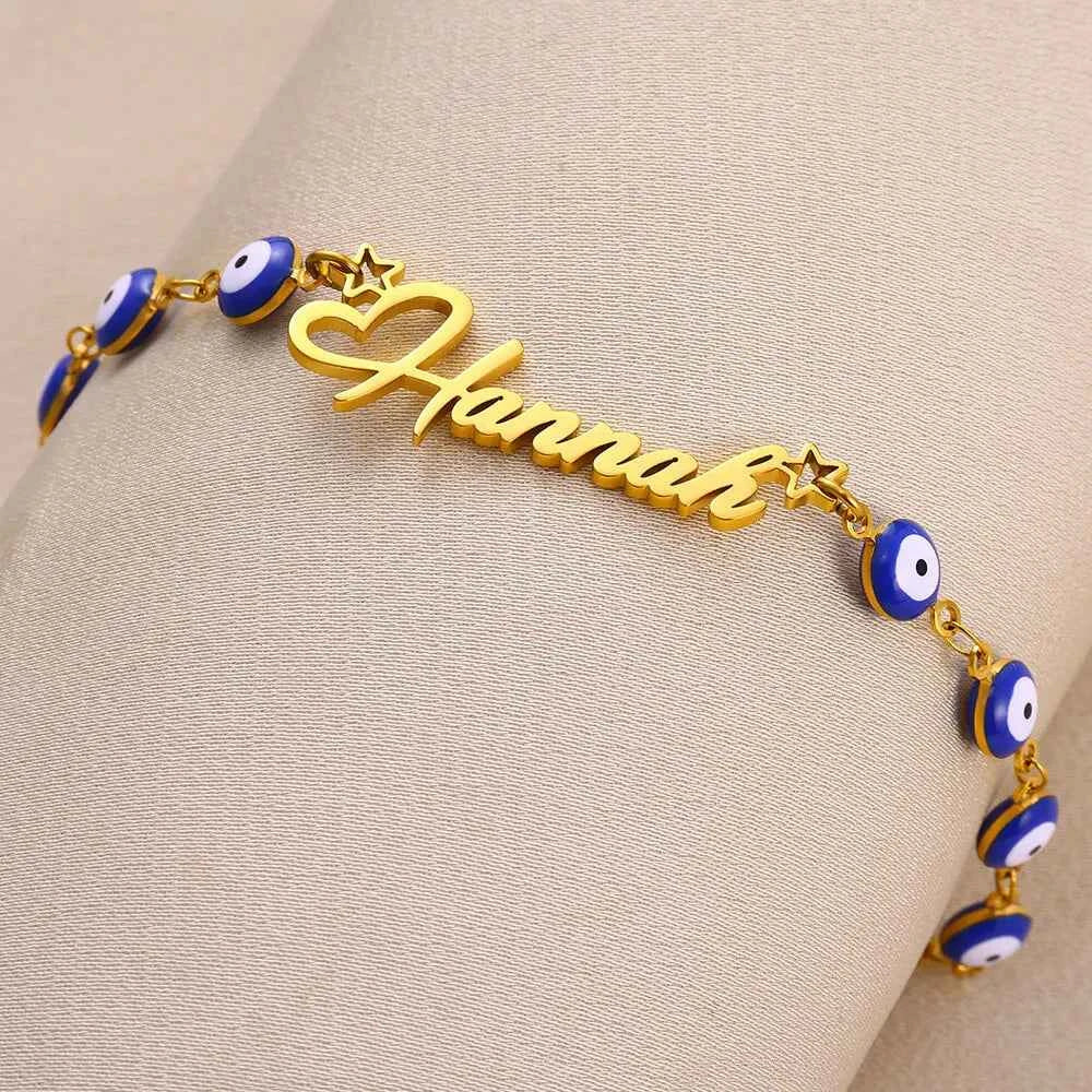 Custom Name Blue Devil's Eye Chain Bracelet - Handmade