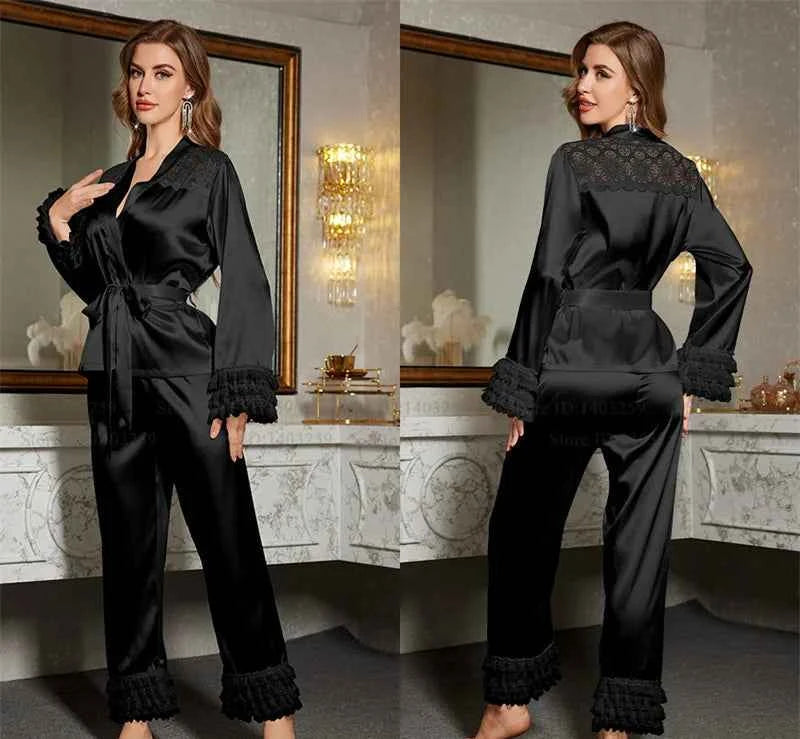 Striped Lace Trim Satin Pajama Set - SHOPPERS' CASTLE