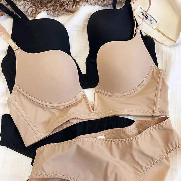 Seamless Plunge Push-Up Bra Set with Deep V