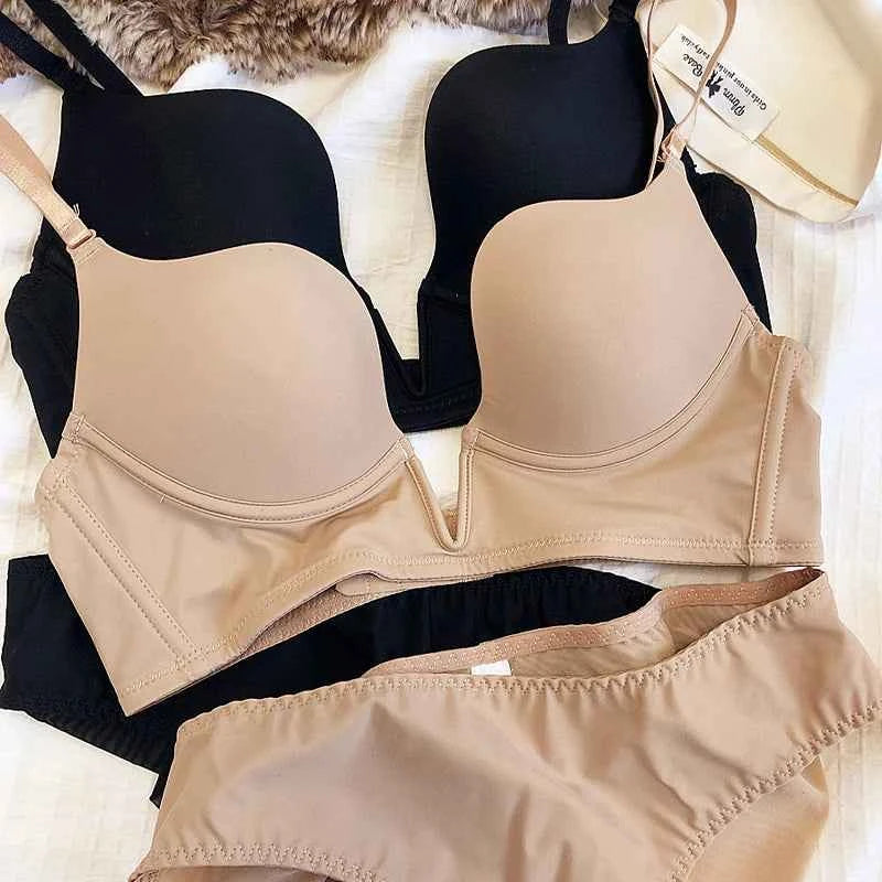 Seamless Plunge Push-Up Bra Set with Deep V