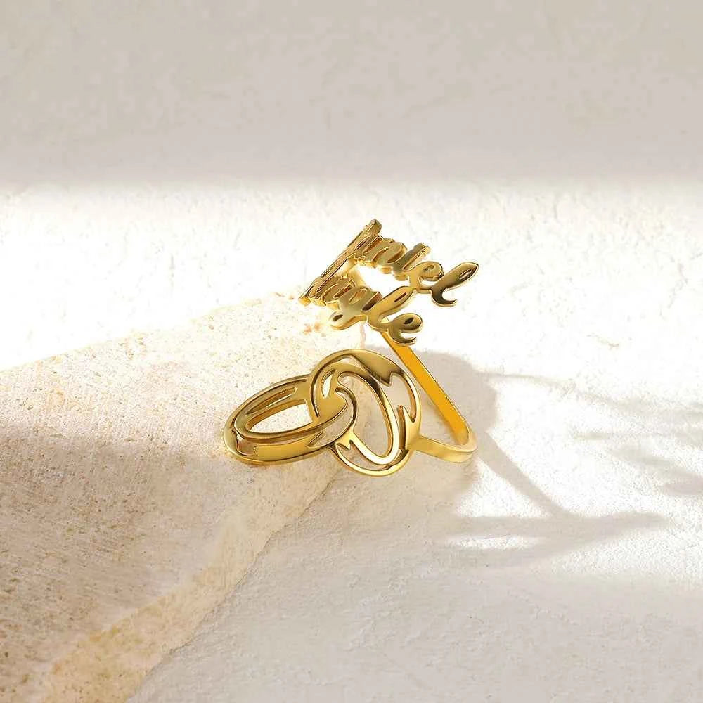 Custom Double Name Geometric Open Ring