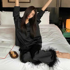 Luxury Feather Print Satin Pajama Set - SHOPPERS' CASTLE