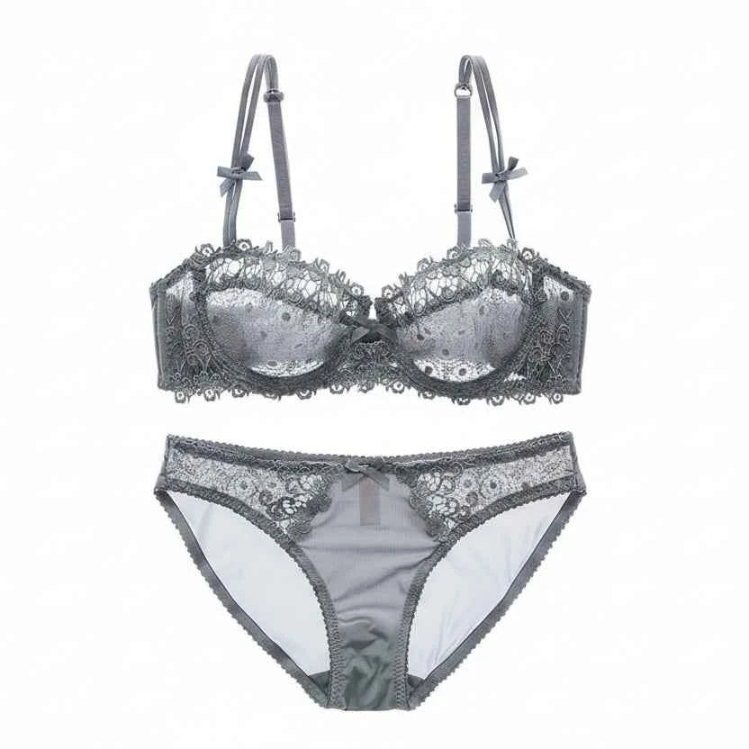 Hollow Half-Cup Transparent Bra Set - Plus Size