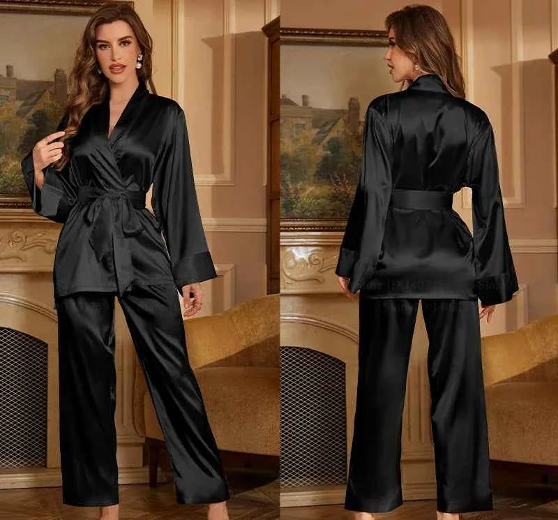 Striped Lace Trim Satin Pajama Set - SHOPPERS' CASTLE