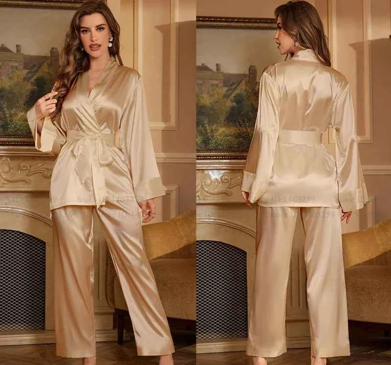 Striped Lace Trim Satin Pajama Set - SHOPPERS' CASTLE