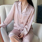 100% Mulberry Silk V-Neck Pajama Set - Long Sleeve Luxury Sleepwear