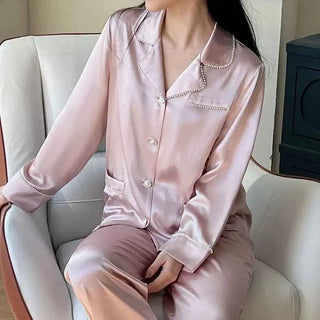 100% Mulberry Silk V-Neck Pajama Set - Long Sleeve Luxury Sleepwear