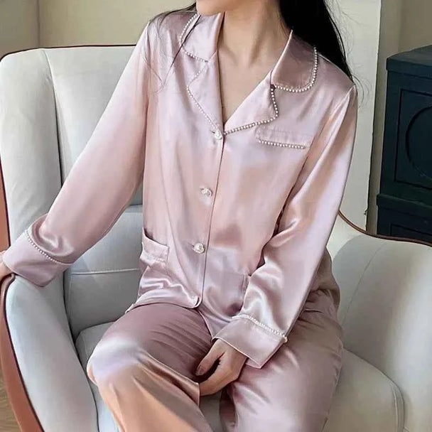 100% Mulberry Silk V-Neck Pajama Set - Long Sleeve Luxury Sleepwear