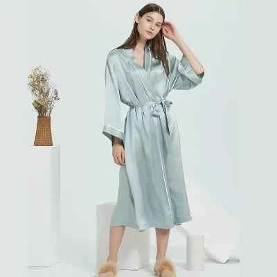 100% Pure Silk Long Satin Robe - Luxury Mid-Calf Sleepwear