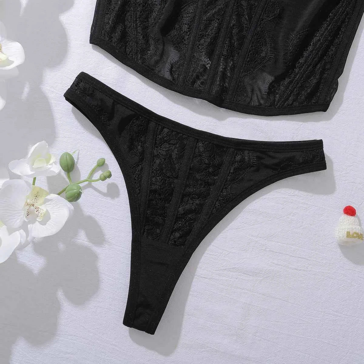 Mesh Ultra-Thin Sling Tops Bra & Thong Set with Shapewear
