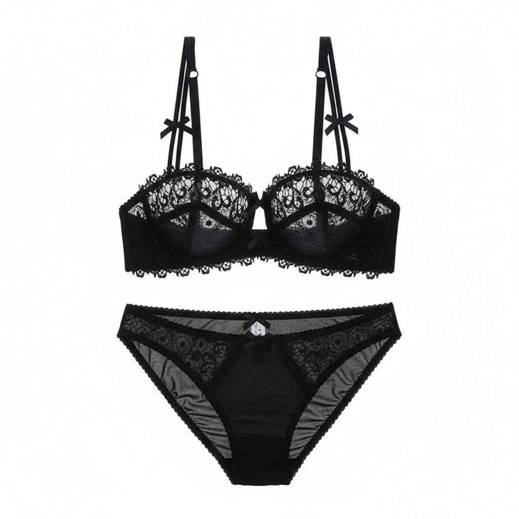 Hollow Half-Cup Transparent Bra Set - Plus Size