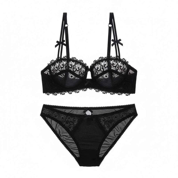 Hollow Half-Cup Transparent Bra Set - Plus Size