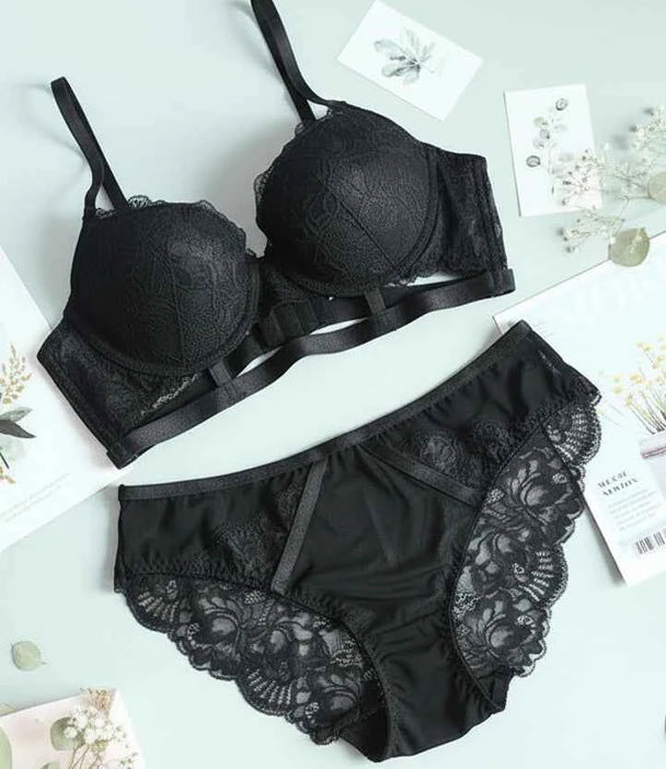 White Hollow Deep V Push-Up Bra Set - Plus Size 3/4 Cup