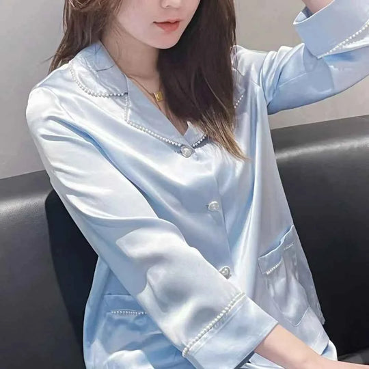 100% Mulberry Silk V-Neck Pajama Set - Long Sleeve Luxury Sleepwear