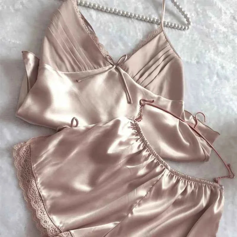 Lace Trim Suspender Pajama Set - SHOPPERS' CASTLE