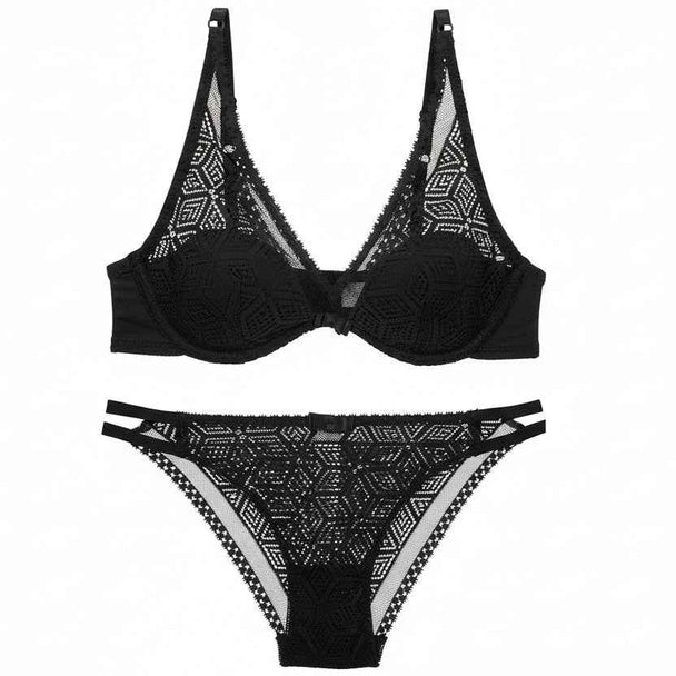 Thin Cotton Hollow Embroidery Bra Set - ABC Cup