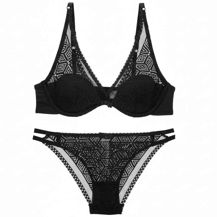 Thin Cotton Hollow Embroidery Bra Set - ABC Cup