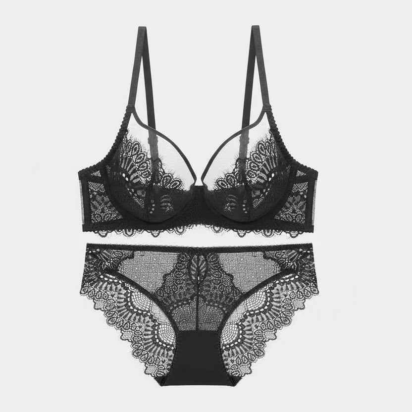 Sexy Burgundy Lace Transparent Bra Set - 3/4 Cup