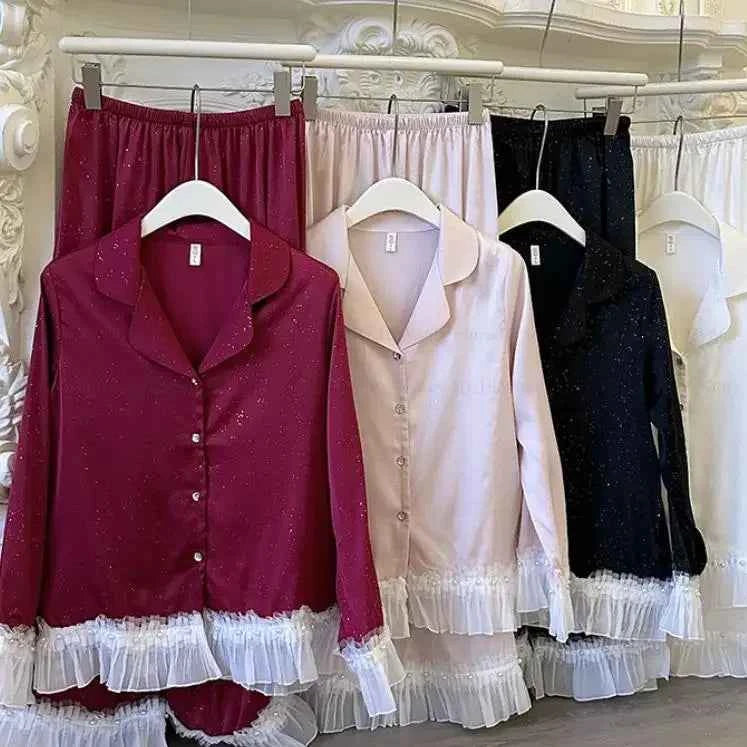 French Style Lace Trim Satin Pajama Set - SHOPPERS' CASTLE