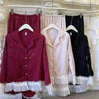 French Style Lace Trim Satin Pajama Set - SHOPPERS' CASTLE