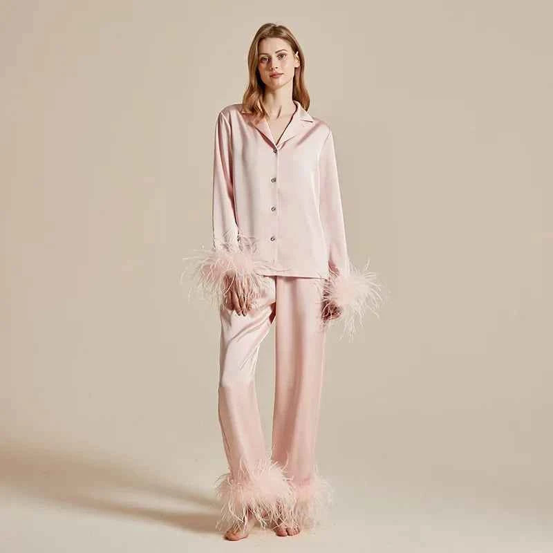 Feather Elegance Satin Sleepwear - 2-Piece Luxury Set - SHOPPERS' CASTLE