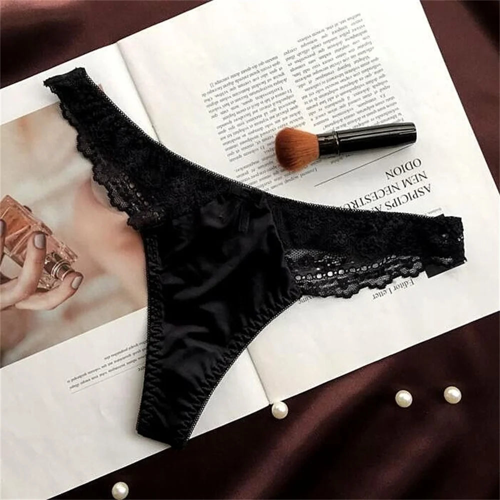 Hollow Lace Sexy Glossy Satin Silk Smooth Thong Women Sexy Low Waist G-string Underwear Bow Seamless Lingerie - SHOPPERS' CASTLE